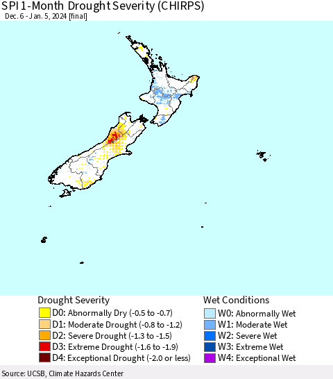 New Zealand SPI 1-Month Drought Severity (CHIRPS) Thematic Map For 12/6/2023 - 1/5/2024