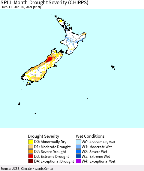 New Zealand SPI 1-Month Drought Severity (CHIRPS) Thematic Map For 12/11/2023 - 1/10/2024