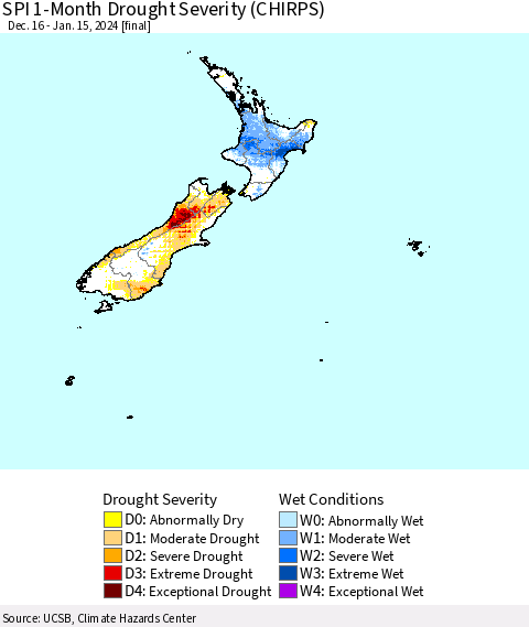New Zealand SPI 1-Month Drought Severity (CHIRPS) Thematic Map For 12/16/2023 - 1/15/2024