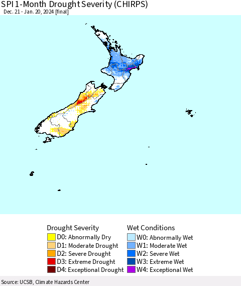 New Zealand SPI 1-Month Drought Severity (CHIRPS) Thematic Map For 12/21/2023 - 1/20/2024