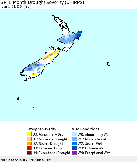 New Zealand SPI 1-Month Drought Severity (CHIRPS) Thematic Map For 1/1/2024 - 1/31/2024