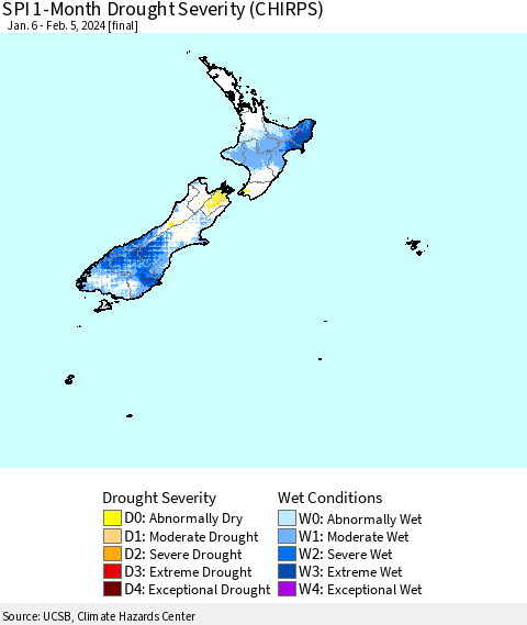 New Zealand SPI 1-Month Drought Severity (CHIRPS) Thematic Map For 1/6/2024 - 2/5/2024
