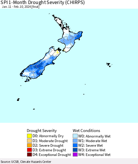 New Zealand SPI 1-Month Drought Severity (CHIRPS) Thematic Map For 1/11/2024 - 2/10/2024