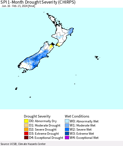 New Zealand SPI 1-Month Drought Severity (CHIRPS) Thematic Map For 1/16/2024 - 2/15/2024