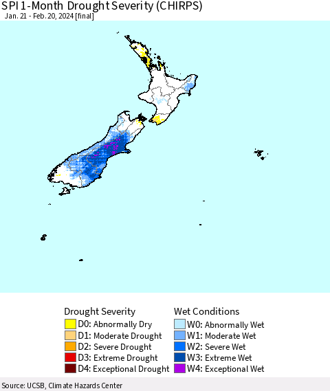 New Zealand SPI 1-Month Drought Severity (CHIRPS) Thematic Map For 1/21/2024 - 2/20/2024