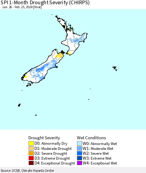 New Zealand SPI 1-Month Drought Severity (CHIRPS) Thematic Map For 1/26/2024 - 2/25/2024