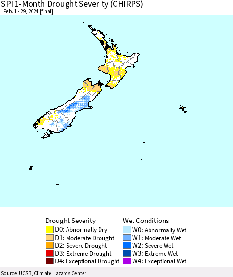 New Zealand SPI 1-Month Drought Severity (CHIRPS) Thematic Map For 2/1/2024 - 2/29/2024