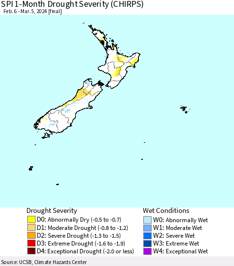 New Zealand SPI 1-Month Drought Severity (CHIRPS) Thematic Map For 2/6/2024 - 3/5/2024