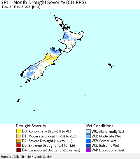 New Zealand SPI 1-Month Drought Severity (CHIRPS) Thematic Map For 2/16/2024 - 3/15/2024