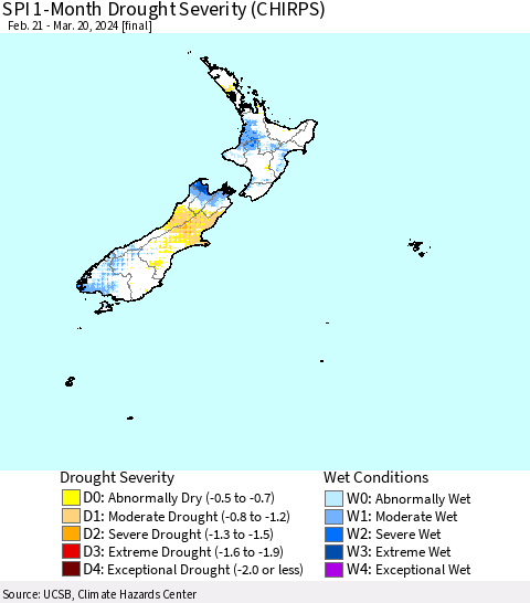 New Zealand SPI 1-Month Drought Severity (CHIRPS) Thematic Map For 2/21/2024 - 3/20/2024