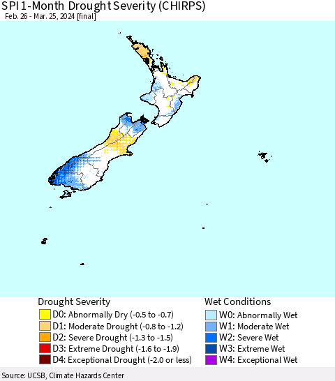New Zealand SPI 1-Month Drought Severity (CHIRPS) Thematic Map For 2/26/2024 - 3/25/2024