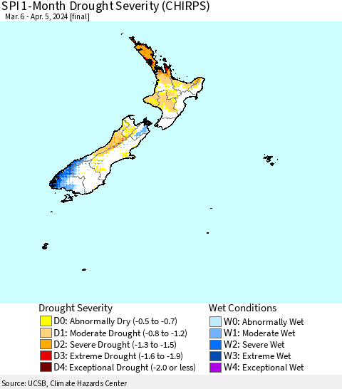 New Zealand SPI 1-Month Drought Severity (CHIRPS) Thematic Map For 3/6/2024 - 4/5/2024