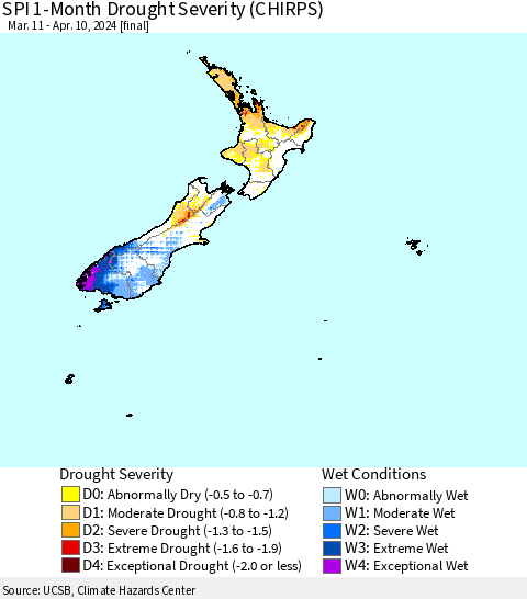 New Zealand SPI 1-Month Drought Severity (CHIRPS) Thematic Map For 3/11/2024 - 4/10/2024