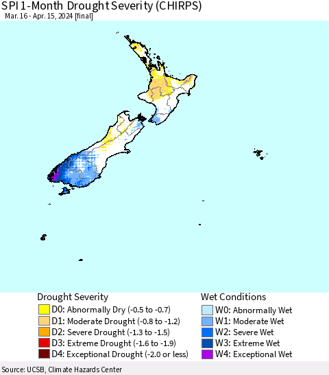 New Zealand SPI 1-Month Drought Severity (CHIRPS) Thematic Map For 3/16/2024 - 4/15/2024