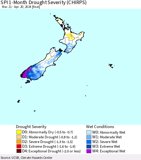 New Zealand SPI 1-Month Drought Severity (CHIRPS) Thematic Map For 3/21/2024 - 4/20/2024