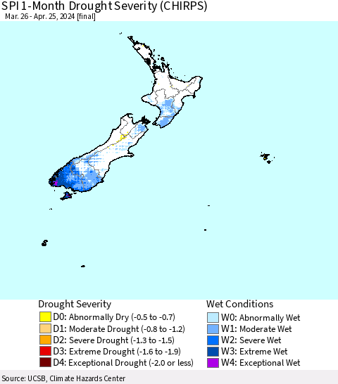 New Zealand SPI 1-Month Drought Severity (CHIRPS) Thematic Map For 3/26/2024 - 4/25/2024