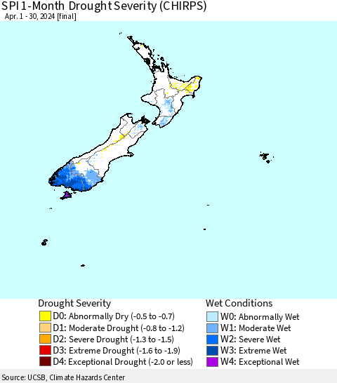 New Zealand SPI 1-Month Drought Severity (CHIRPS) Thematic Map For 4/1/2024 - 4/30/2024