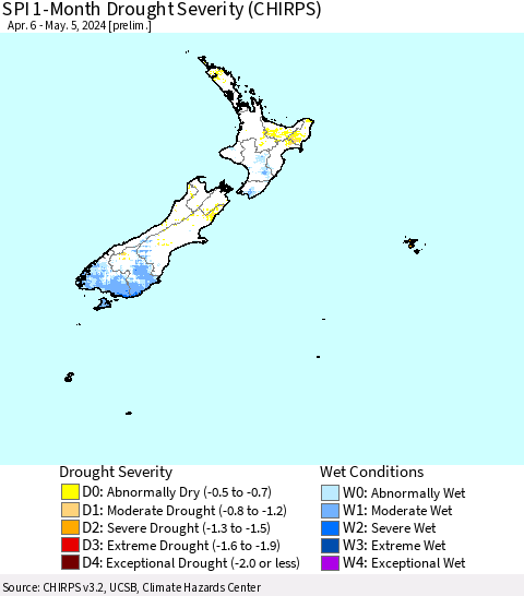 New Zealand SPI 1-Month Drought Severity (CHIRPS) Thematic Map For 4/6/2024 - 5/5/2024