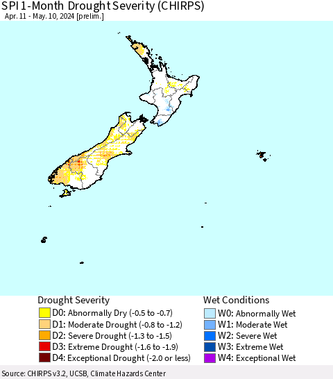 New Zealand SPI 1-Month Drought Severity (CHIRPS) Thematic Map For 4/11/2024 - 5/10/2024