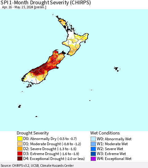 New Zealand SPI 1-Month Drought Severity (CHIRPS) Thematic Map For 4/16/2024 - 5/15/2024