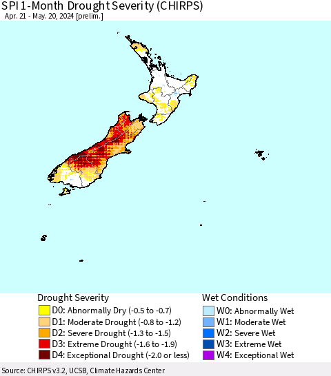 New Zealand SPI 1-Month Drought Severity (CHIRPS) Thematic Map For 4/21/2024 - 5/20/2024