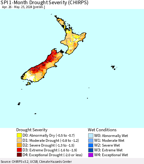 New Zealand SPI 1-Month Drought Severity (CHIRPS) Thematic Map For 4/26/2024 - 5/25/2024