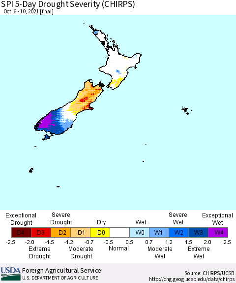 New Zealand SPI 5-Day Drought Severity (CHIRPS) Thematic Map For 10/6/2021 - 10/10/2021