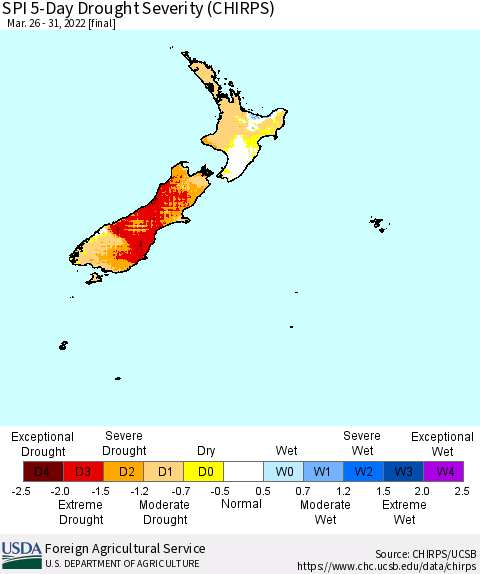 New Zealand SPI 5-Day Drought Severity (CHIRPS) Thematic Map For 3/26/2022 - 3/31/2022