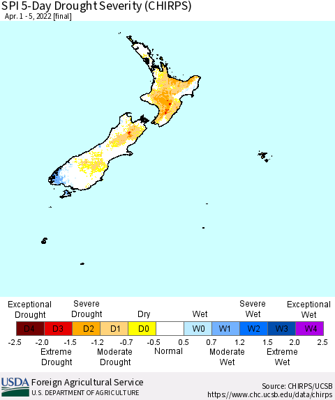 New Zealand SPI 5-Day Drought Severity (CHIRPS) Thematic Map For 4/1/2022 - 4/5/2022