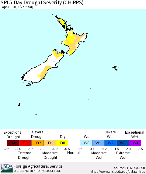 New Zealand SPI 5-Day Drought Severity (CHIRPS) Thematic Map For 4/6/2022 - 4/10/2022