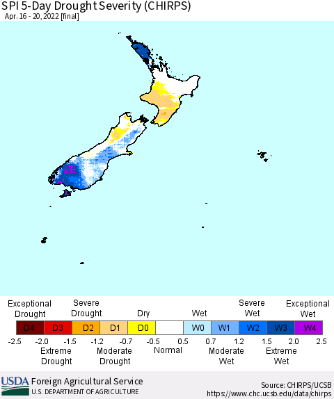 New Zealand SPI 5-Day Drought Severity (CHIRPS) Thematic Map For 4/16/2022 - 4/20/2022