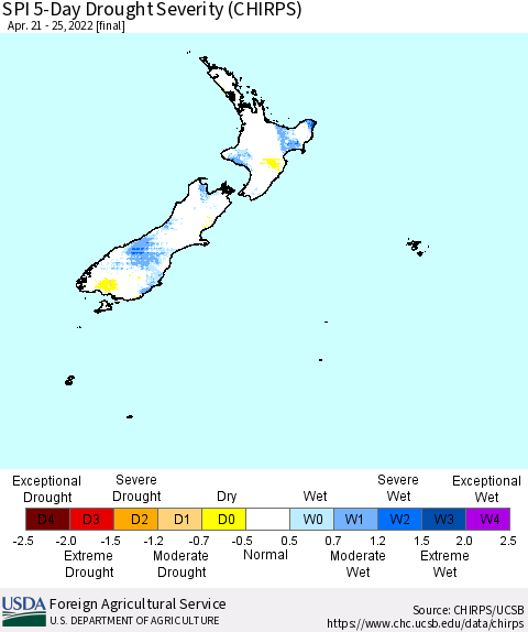 New Zealand SPI 5-Day Drought Severity (CHIRPS) Thematic Map For 4/21/2022 - 4/25/2022