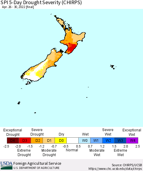 New Zealand SPI 5-Day Drought Severity (CHIRPS) Thematic Map For 4/26/2022 - 4/30/2022