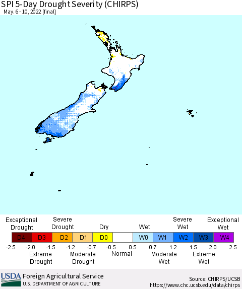 New Zealand SPI 5-Day Drought Severity (CHIRPS) Thematic Map For 5/6/2022 - 5/10/2022