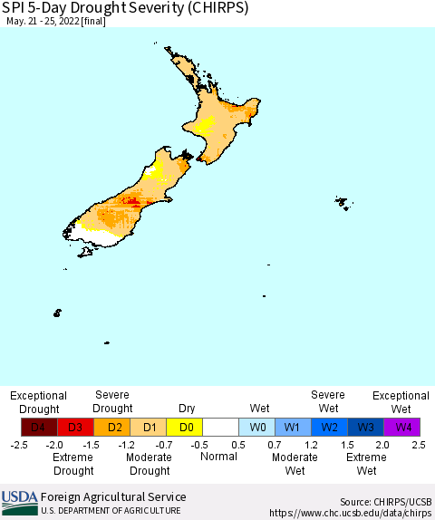 New Zealand SPI 5-Day Drought Severity (CHIRPS) Thematic Map For 5/21/2022 - 5/25/2022