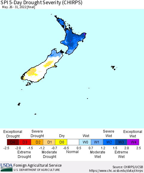 New Zealand SPI 5-Day Drought Severity (CHIRPS) Thematic Map For 5/26/2022 - 5/31/2022