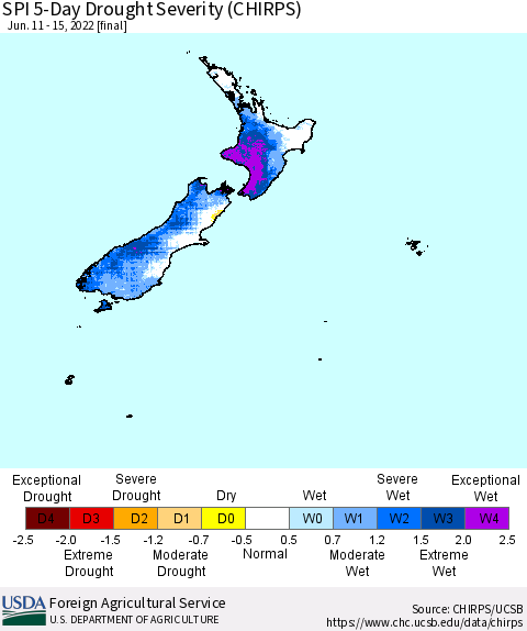 New Zealand SPI 5-Day Drought Severity (CHIRPS) Thematic Map For 6/11/2022 - 6/15/2022