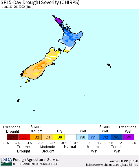 New Zealand SPI 5-Day Drought Severity (CHIRPS) Thematic Map For 6/16/2022 - 6/20/2022
