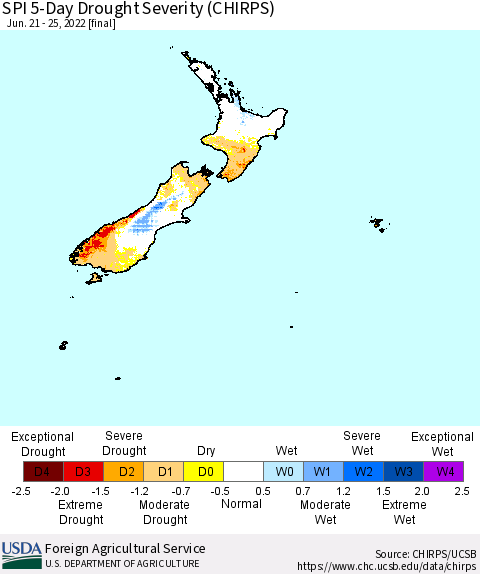 New Zealand SPI 5-Day Drought Severity (CHIRPS) Thematic Map For 6/21/2022 - 6/25/2022
