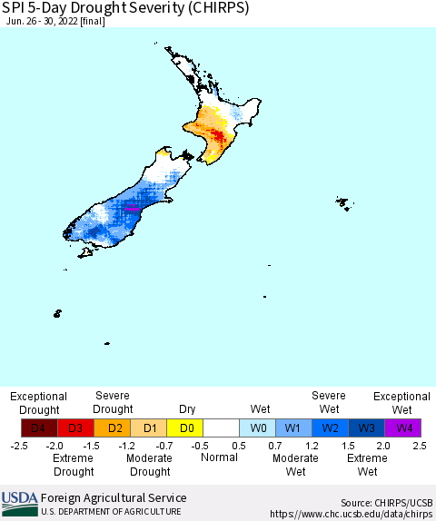 New Zealand SPI 5-Day Drought Severity (CHIRPS) Thematic Map For 6/26/2022 - 6/30/2022