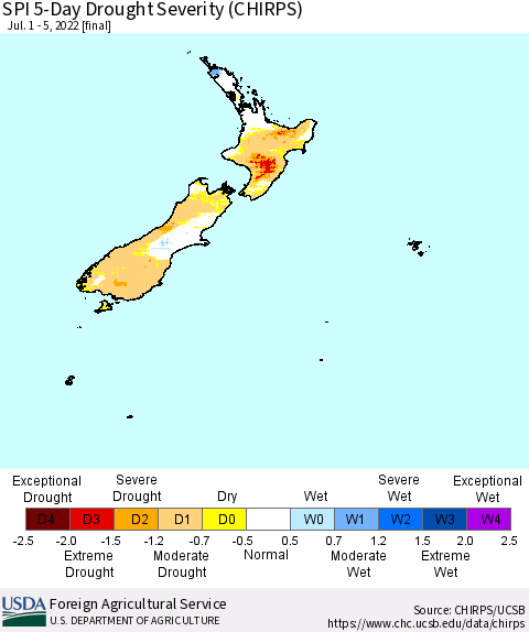 New Zealand SPI 5-Day Drought Severity (CHIRPS) Thematic Map For 7/1/2022 - 7/5/2022