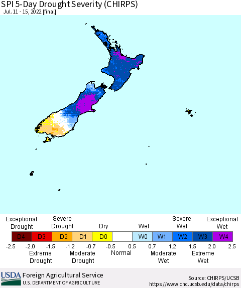 New Zealand SPI 5-Day Drought Severity (CHIRPS) Thematic Map For 7/11/2022 - 7/15/2022