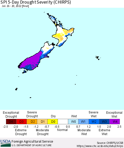 New Zealand SPI 5-Day Drought Severity (CHIRPS) Thematic Map For 7/16/2022 - 7/20/2022