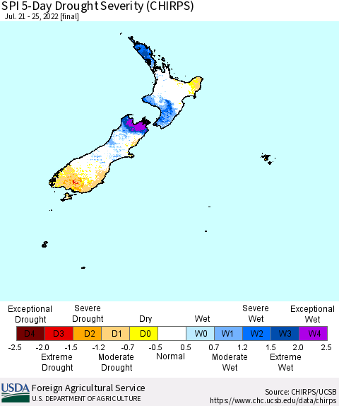 New Zealand SPI 5-Day Drought Severity (CHIRPS) Thematic Map For 7/21/2022 - 7/25/2022