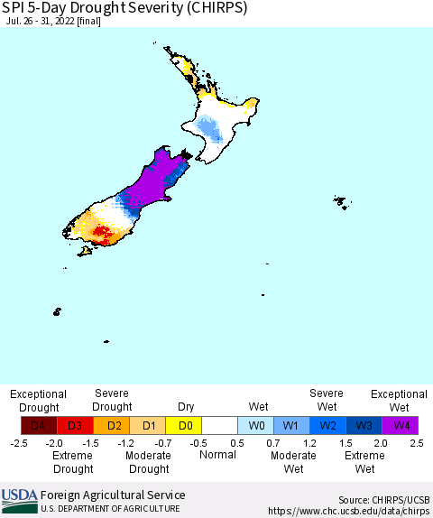 New Zealand SPI 5-Day Drought Severity (CHIRPS) Thematic Map For 7/26/2022 - 7/31/2022
