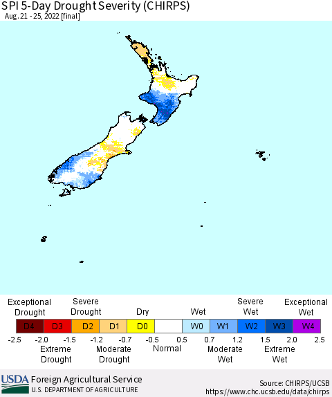 New Zealand SPI 5-Day Drought Severity (CHIRPS) Thematic Map For 8/21/2022 - 8/25/2022