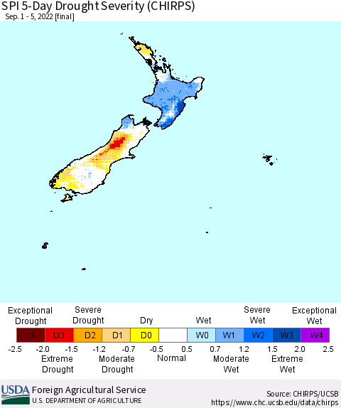 New Zealand SPI 5-Day Drought Severity (CHIRPS) Thematic Map For 9/1/2022 - 9/5/2022