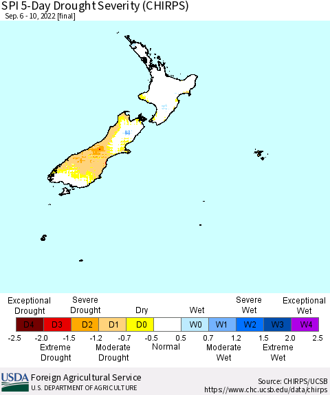 New Zealand SPI 5-Day Drought Severity (CHIRPS) Thematic Map For 9/6/2022 - 9/10/2022