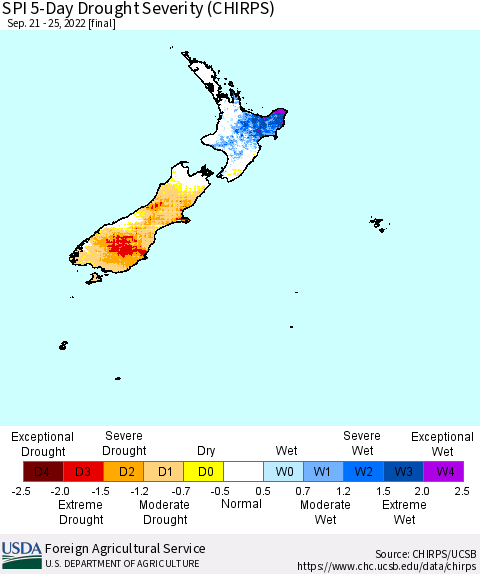 New Zealand SPI 5-Day Drought Severity (CHIRPS) Thematic Map For 9/21/2022 - 9/25/2022