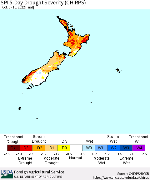 New Zealand SPI 5-Day Drought Severity (CHIRPS) Thematic Map For 10/6/2022 - 10/10/2022